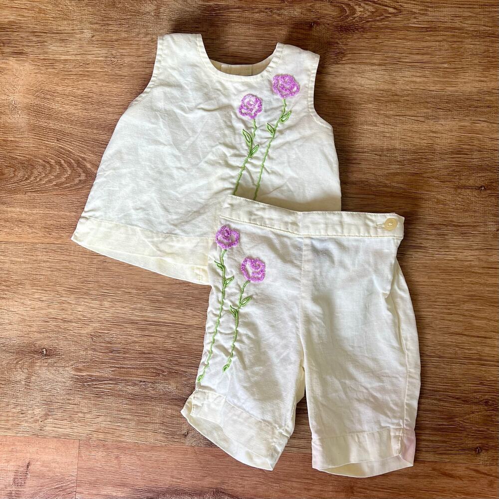 Vintage 90s Y2K Children's Place Yellow Floral Embroidery Linen Baby Set 12 m